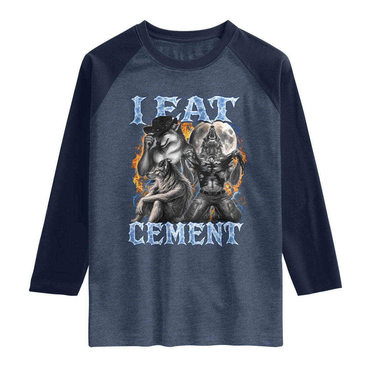 I Eat Cement Funny Alpha Wolf Meme Raglan Shirt Stupid Brainrot Meme Edging Werewolf Boootleg Graphic TS11 Heather Denim Navy Print Your Wear
