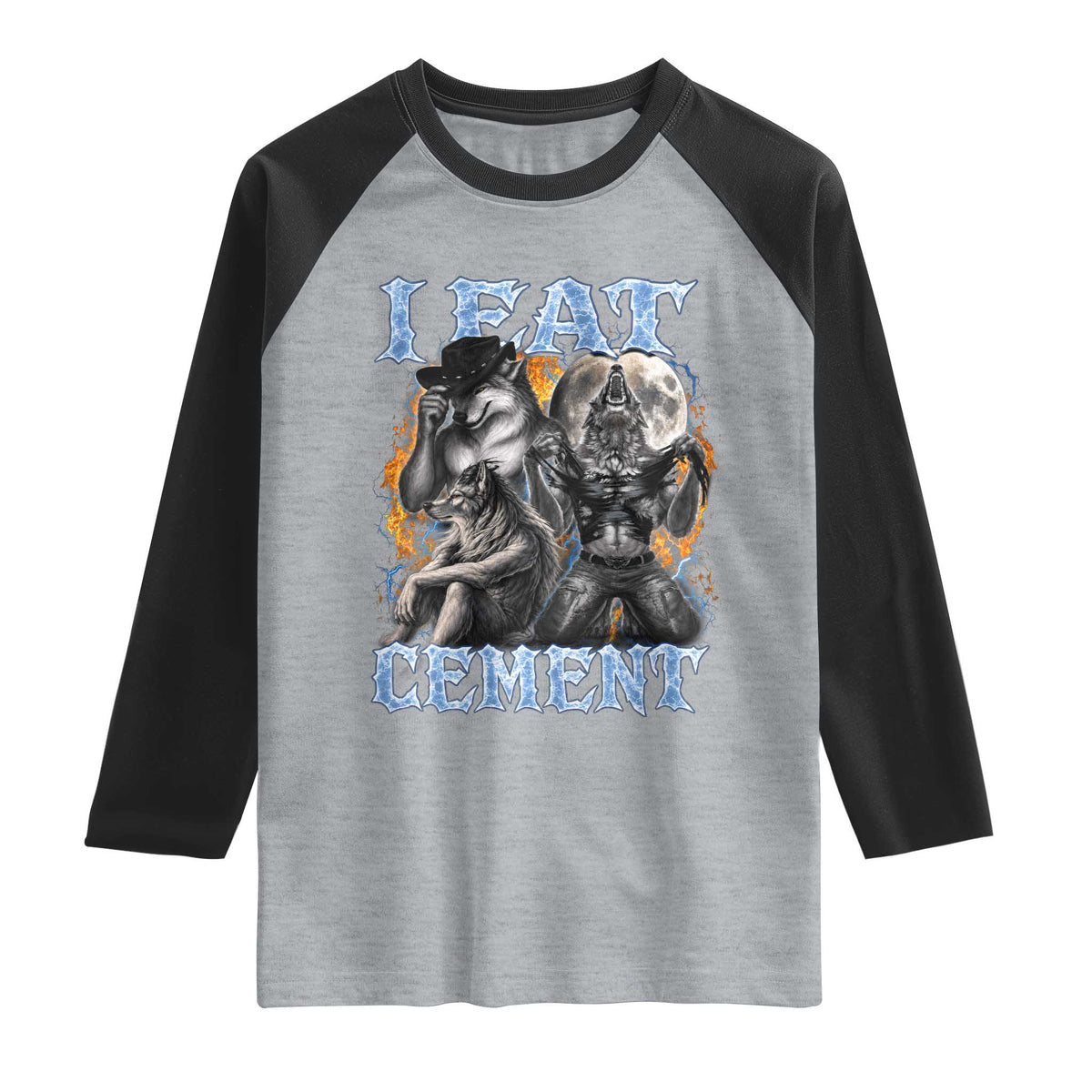 I Eat Cement Funny Alpha Wolf Meme Raglan Shirt Stupid Brainrot Meme Edging Werewolf Boootleg Graphic TS11 Heather Gray Black Print Your Wear