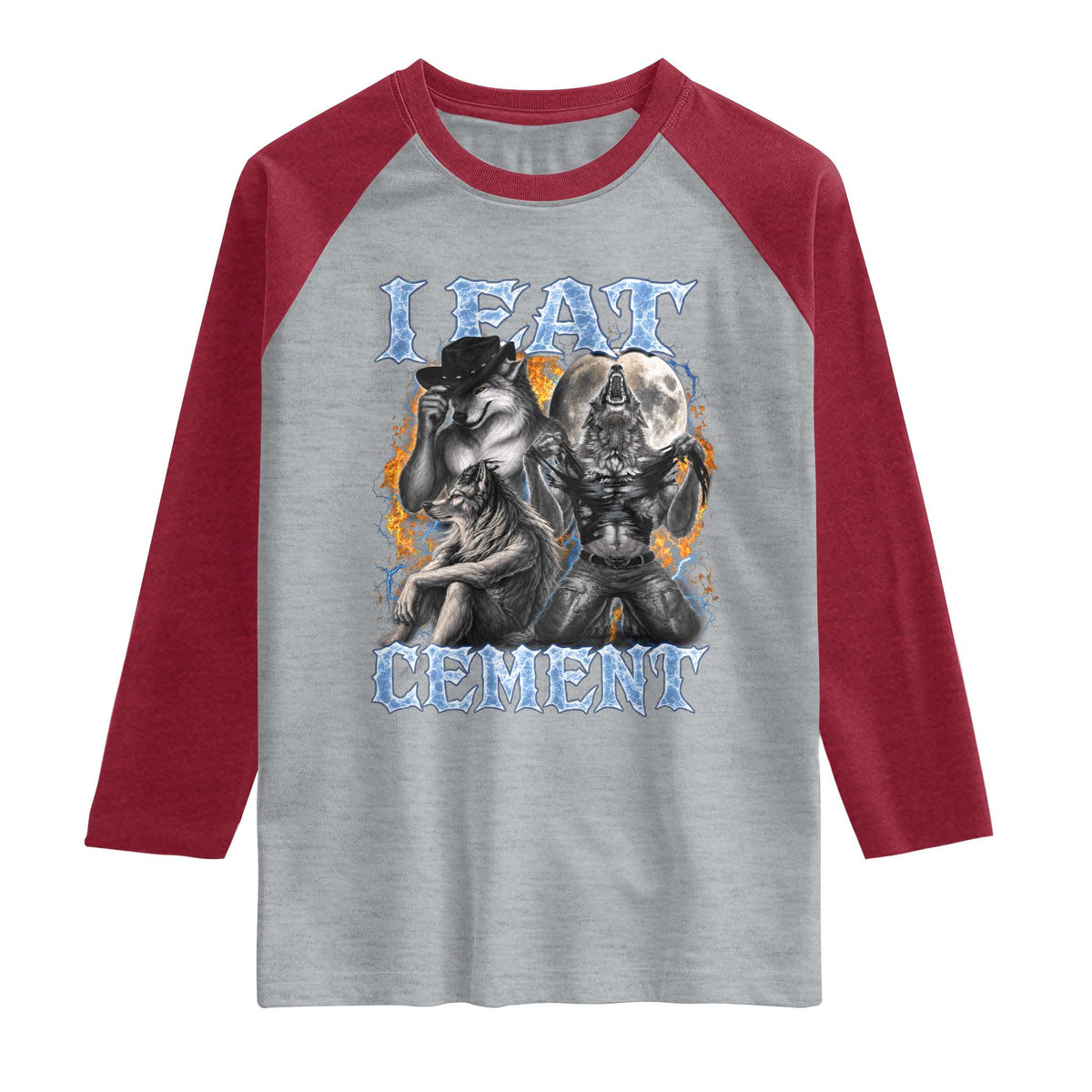 I Eat Cement Funny Alpha Wolf Meme Raglan Shirt Stupid Brainrot Meme Edging Werewolf Boootleg Graphic TS11 Heather Gray Heather Red Print Your Wear