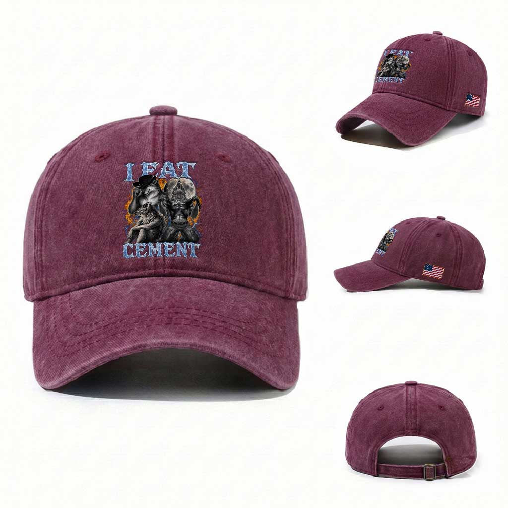 I Eat Cement Funny Alpha Wolf Meme Washed Cotton Baseball Cap Stupid Brainrot Meme Edging Werewolf Boootleg Graphic TS11 Washed Cap Universal Fit Burgundy Print Your Wear