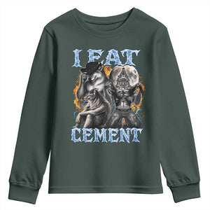 I Eat Cement Funny Alpha Wolf Meme Youth Sweatshirt Stupid Brainrot Meme Edging Werewolf Boootleg Graphic TS11 Dark Forest Green Print Your Wear