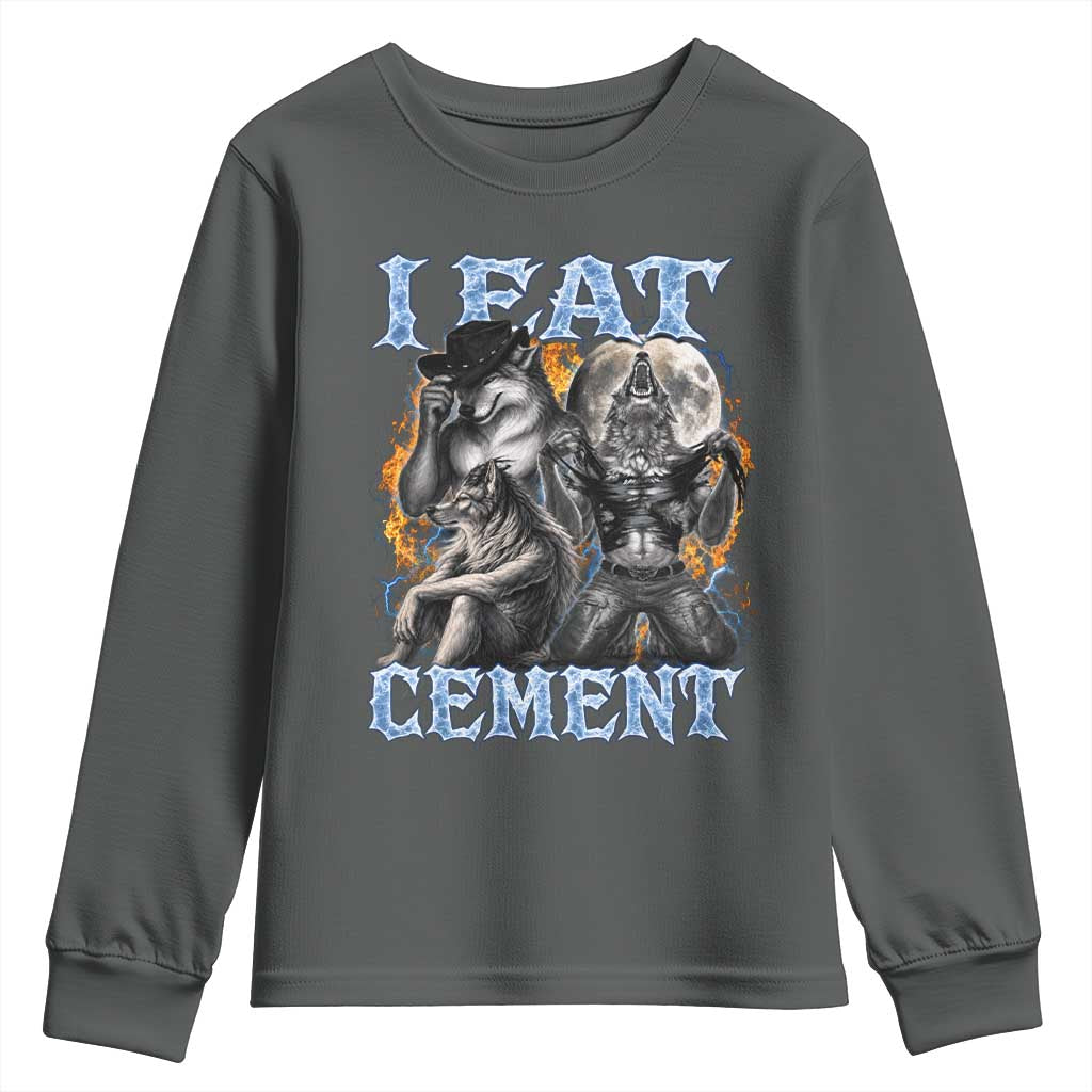 I Eat Cement Funny Alpha Wolf Meme Youth Sweatshirt Stupid Brainrot Meme Edging Werewolf Boootleg Graphic TS11 Dark Heather Print Your Wear