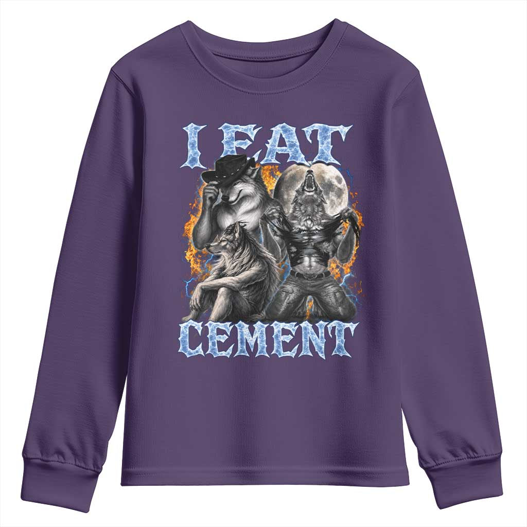 I Eat Cement Funny Alpha Wolf Meme Youth Sweatshirt Stupid Brainrot Meme Edging Werewolf Boootleg Graphic TS11 Purple Print Your Wear