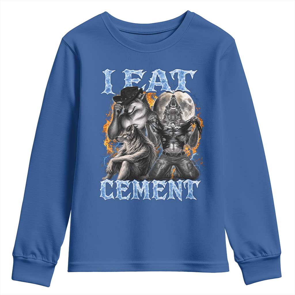 I Eat Cement Funny Alpha Wolf Meme Youth Sweatshirt Stupid Brainrot Meme Edging Werewolf Boootleg Graphic TS11 Royal Blue Print Your Wear