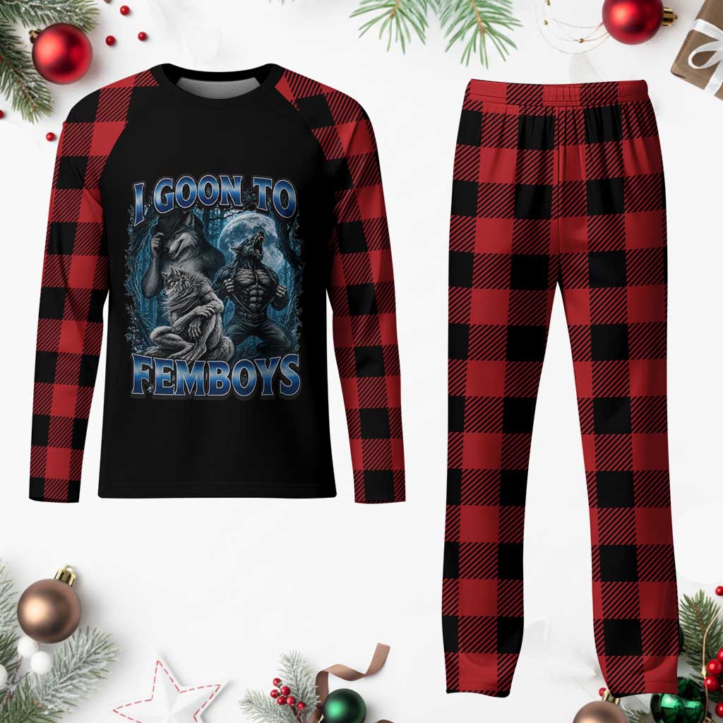 I Goon to Femboys Funny Edging Alpha Wolf Plaid Pajama Set Stupid Brainrot Meme TS11 Buffalo Plaid Print Your Wear