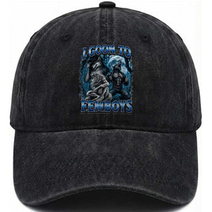 I Goon to Femboys Funny Edging Alpha Wolf Washed Cotton Baseball Cap Stupid Brainrot Meme TS11 Print Your Wear