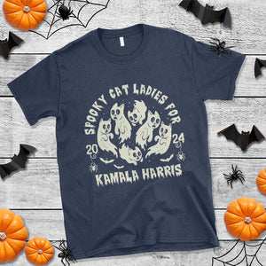 Funny Harris Halloween T Shirt Spooky Cat Ladies For Kamala Harris 2024 Ghost Cat TS11 Navy Print Your Wear