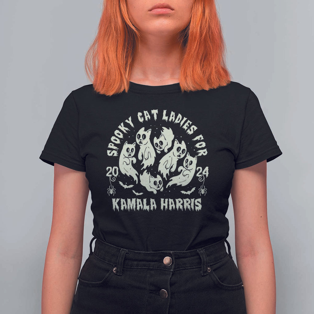 Funny Harris Halloween T Shirt For Women Spooky Cat Ladies For Kamala Harris 2024 Ghost Cat TS11 Black Print Your Wear