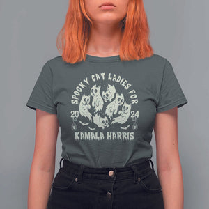 Funny Harris Halloween T Shirt For Women Spooky Cat Ladies For Kamala Harris 2024 Ghost Cat TS11 Dark Heather Print Your Wear