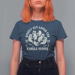 Funny Harris Halloween T Shirt For Women Spooky Cat Ladies For Kamala Harris 2024 Ghost Cat TS11 Navy Print Your Wear