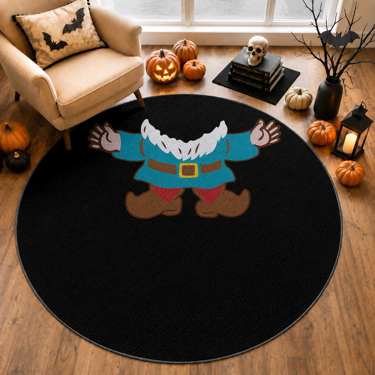 Funny Halloween Round Rug Garden Gnome Body Costume Beard