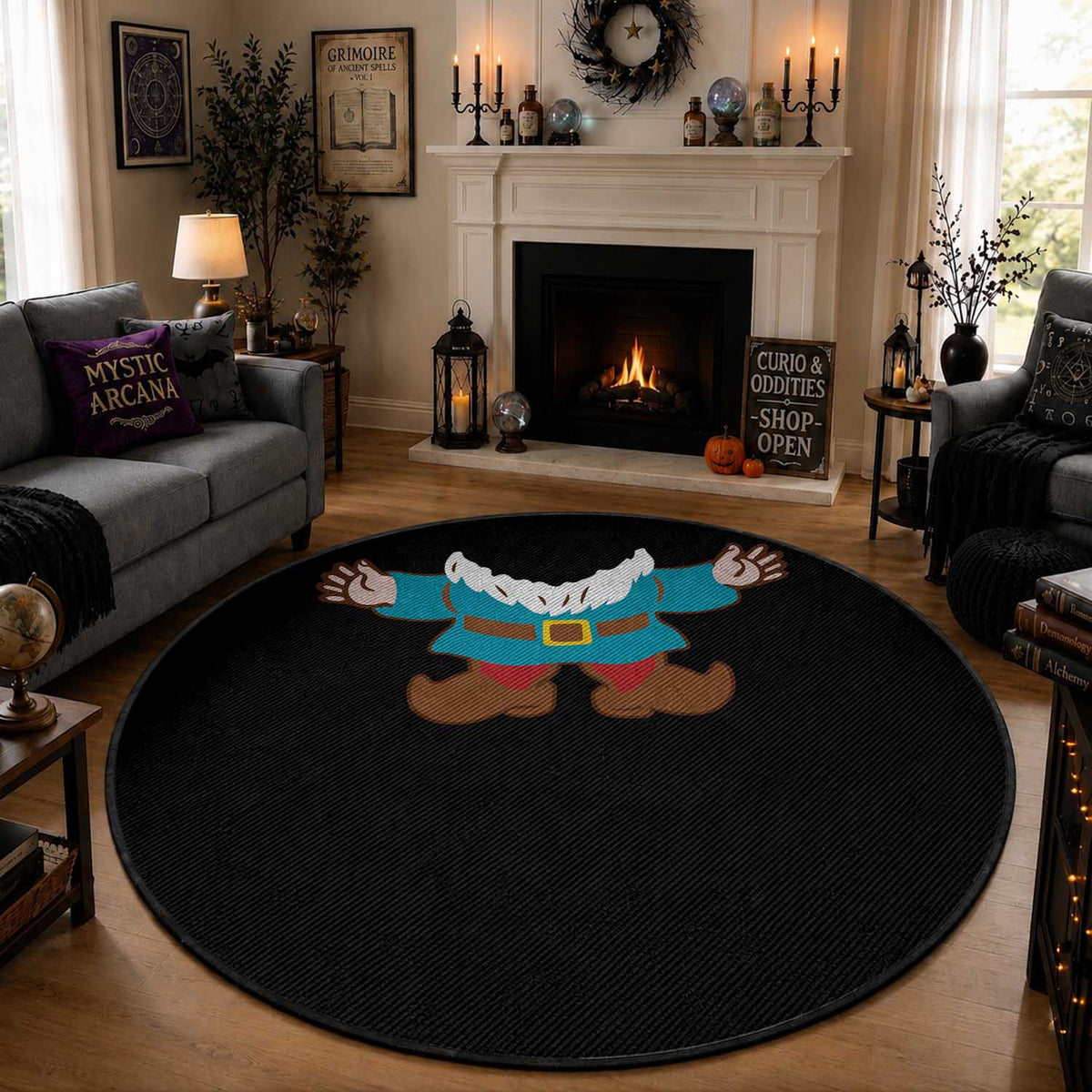 Funny Halloween Round Rug Garden Gnome Body Costume Beard