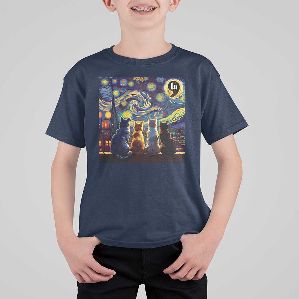 Funny Harris Halloween T Shirt For Kid Comma La Kamala Starry Night Van Gogh Cats Punctuation TS11 Navy Print Your Wear