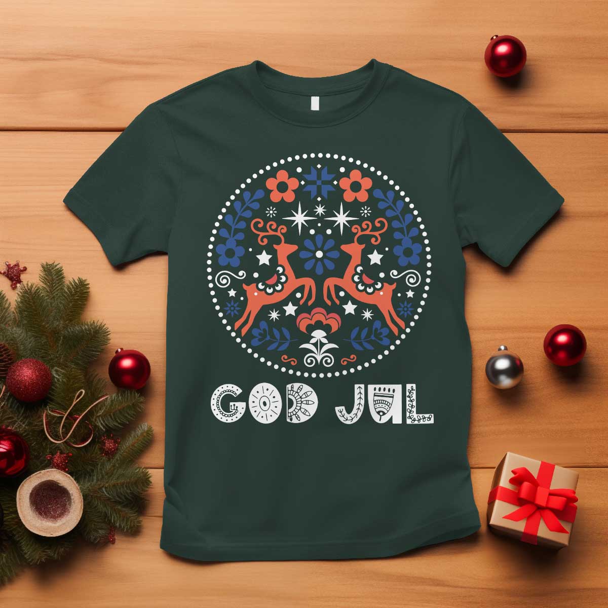 Yule God Jul T Shirt Folk Art Scandinavian Reindeers TS11 Dark Forest Green Print Your Wear
