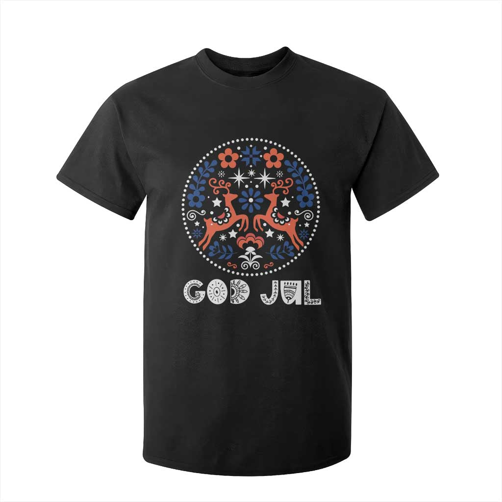 Yule God Jul T Shirt For Kid Folk Art Scandinavian Reindeers TS11 Black Print Your Wear