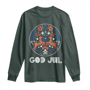 Yule God Jul Long Sleeve Shirt Folk Art Scandinavian Reindeers TS11 Dark Forest Green Print Your Wear