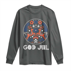 Yule God Jul Long Sleeve Shirt Folk Art Scandinavian Reindeers TS11 Dark Heather Print Your Wear