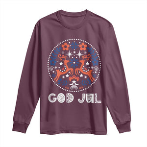 Yule God Jul Long Sleeve Shirt Folk Art Scandinavian Reindeers TS11 Maroon Print Your Wear