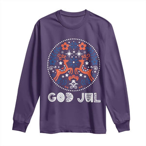 Yule God Jul Long Sleeve Shirt Folk Art Scandinavian Reindeers TS11 Purple Print Your Wear