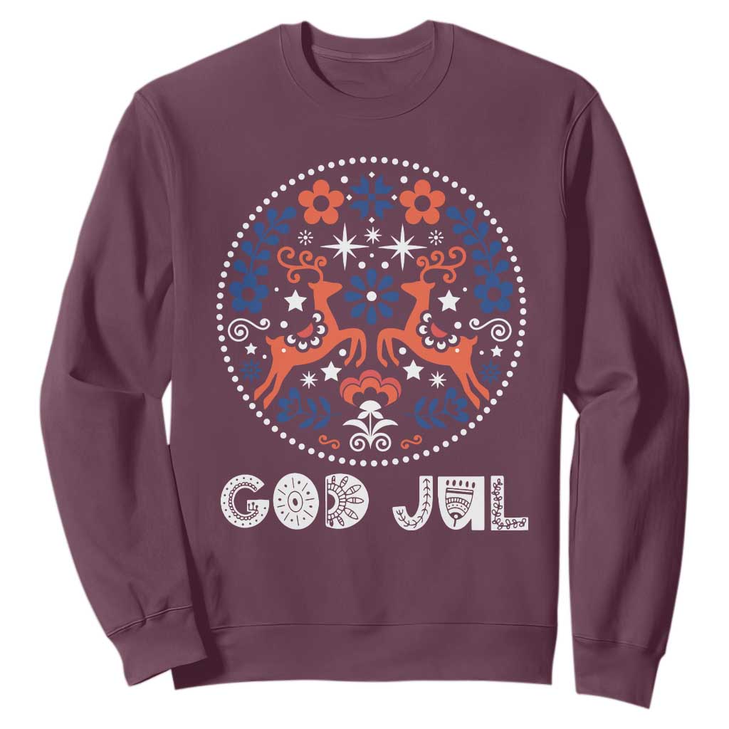 Yule God Jul Sweatshirt Folk Art Scandinavian Reindeers TS11 Maroon Print Your Wear