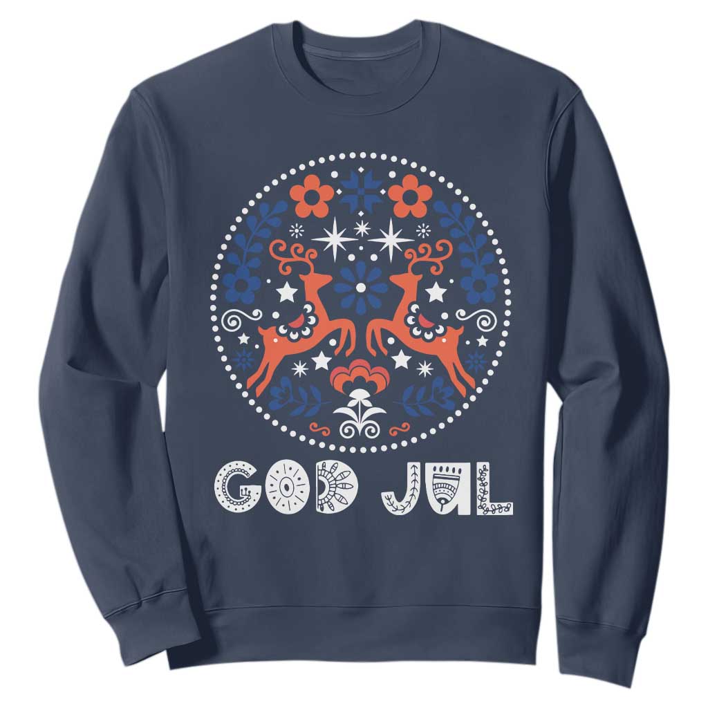Yule God Jul Sweatshirt Folk Art Scandinavian Reindeers TS11 Navy Print Your Wear