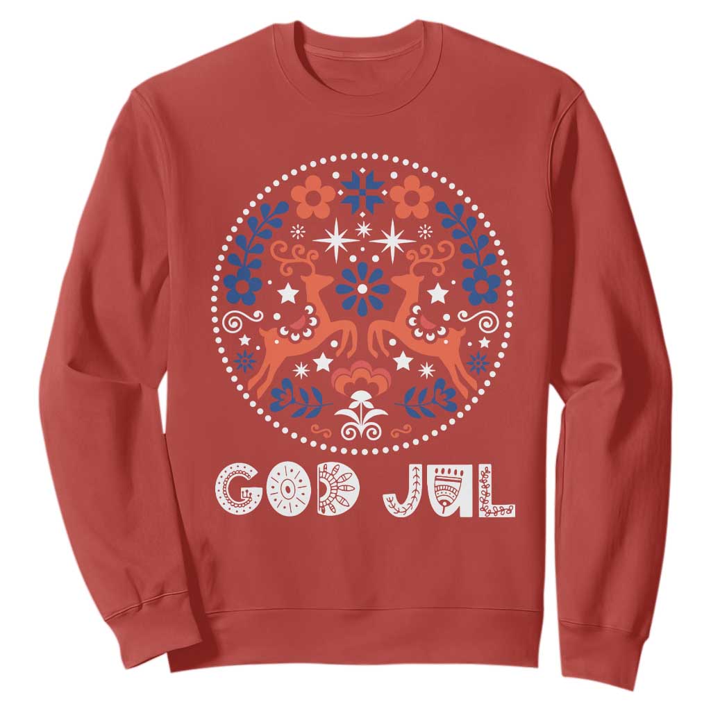 Yule God Jul Sweatshirt Folk Art Scandinavian Reindeers TS11 Red Print Your Wear