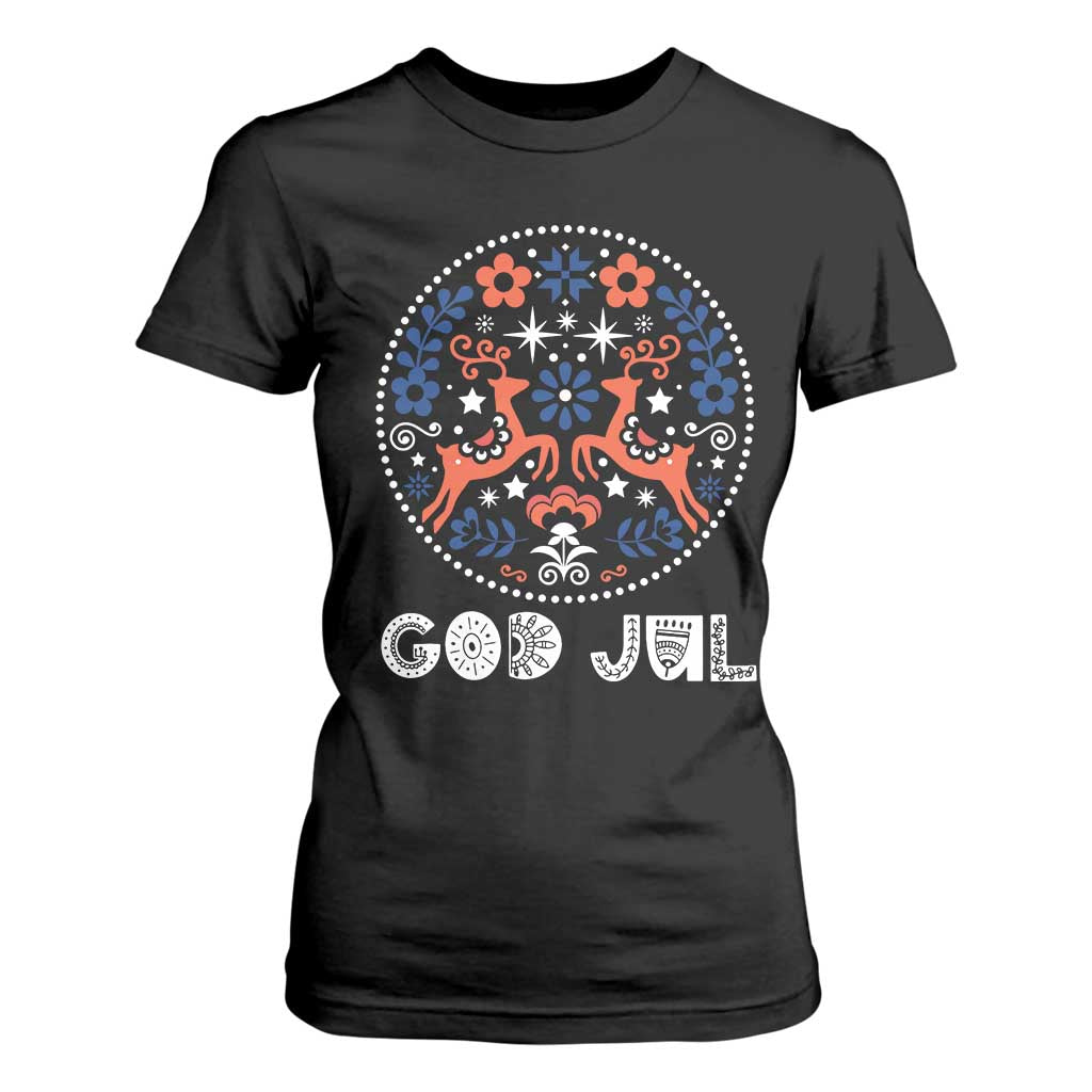 Yule God Jul T Shirt For Women Folk Art Scandinavian Reindeers TS11 Black Print Your Wear