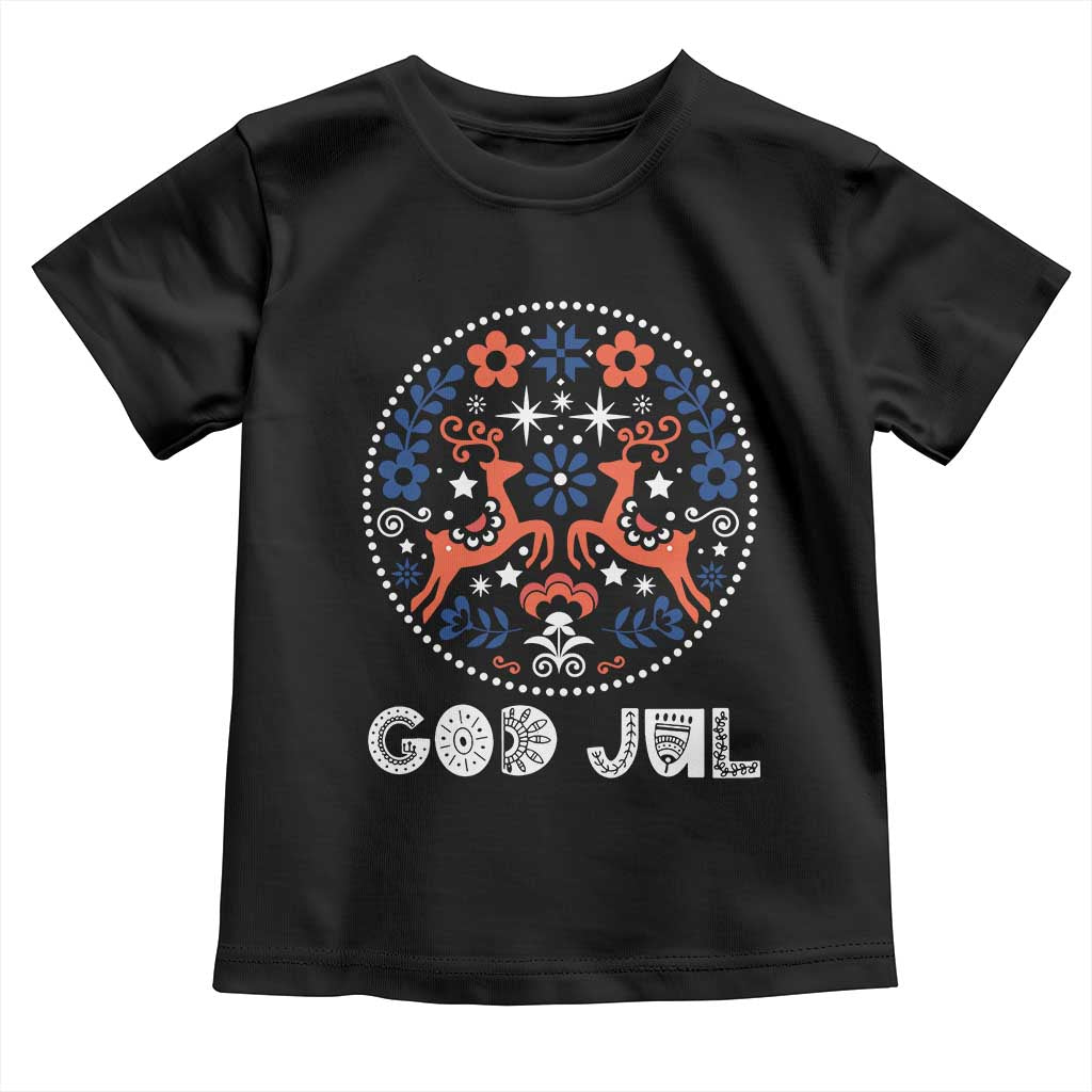 Yule God Jul Toddler T Shirt Folk Art Scandinavian Reindeers TS11 Black Print Your Wear