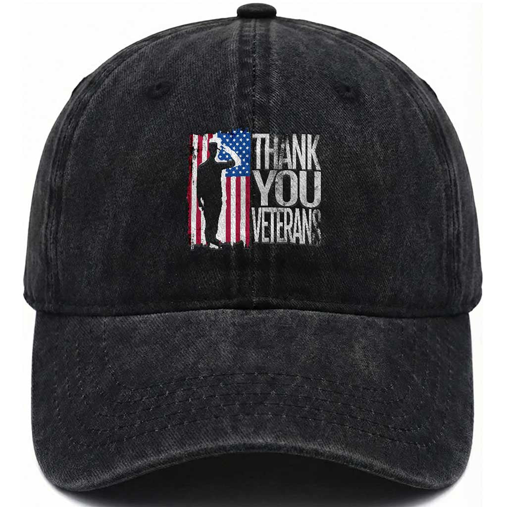 Thank You Veterans Washed Cotton Baseball Cap Veterans Day Proud Military American Flag TS11 Washed Cap Universal Fit Black Print Your Wear