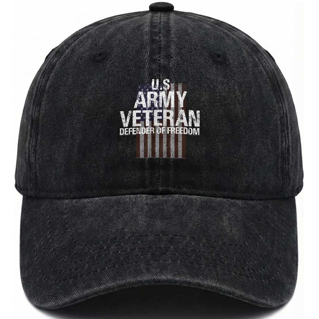Patriotic Veterans Washed Cotton Baseball Cap U.S Army Veteran Defender Of Freedom TS11 Washed Cap Universal Fit Black Print Your Wear