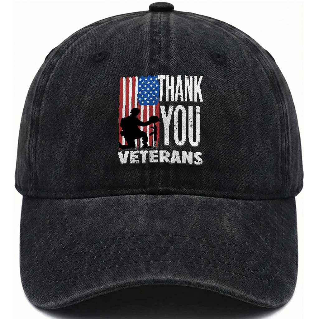 Thank You Veterans Washed Cotton Baseball Cap American Flag Veterans Day TS11 Washed Cap Universal Fit Black Print Your Wear