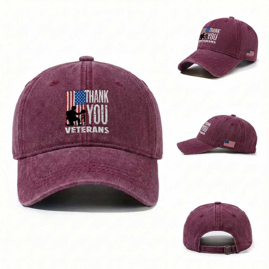 Thank You Veterans Washed Cotton Baseball Cap American Flag Veterans Day TS11 Washed Cap Universal Fit Burgundy Print Your Wear