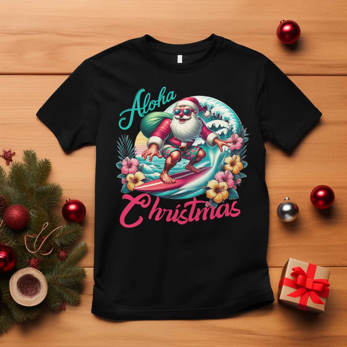 Christmas In Hawaii T Shirt Aloha Christmas Santa Surfing Hibiscus Flower TS11 Black Print Your Wear