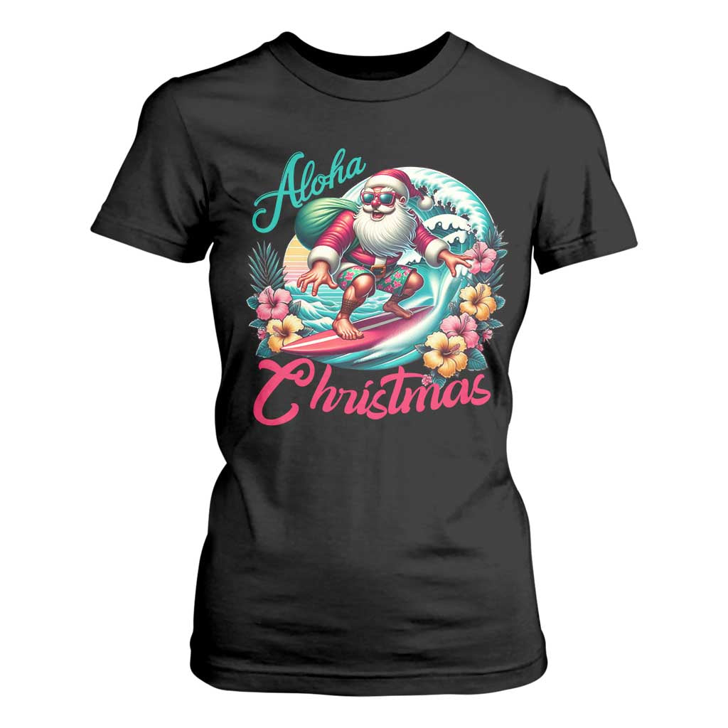 Christmas In Hawaii T Shirt For Women Aloha Christmas Santa Surfing Hibiscus Flower TS11 Black Print Your Wear