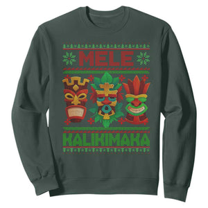 Christmas In Hawaii Sweatshirt Mele Kalikimaka Ugly Tikis Kakau Tattoo TS11 Dark Forest Green Print Your Wear