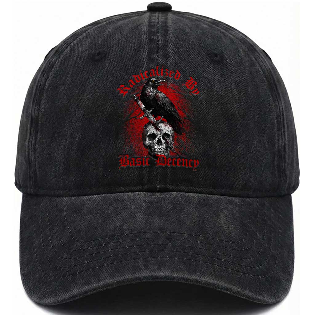 Radicalized By Basic Decency Washed Cotton Baseball Cap Vintage Gothic Victorian Crow Skull TS11 Print Your Wear