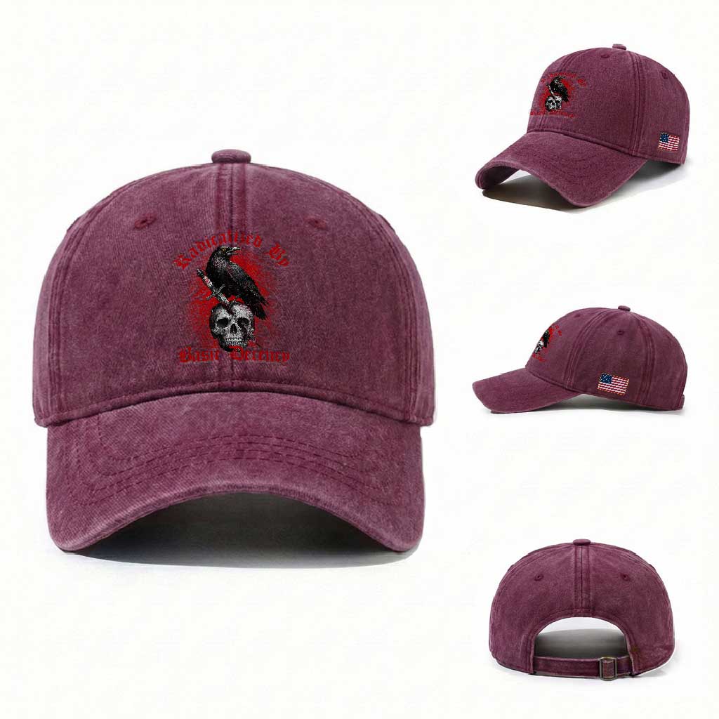 Radicalized By Basic Decency Washed Cotton Baseball Cap Vintage Gothic Victorian Crow Skull TS11 Washed Cap Universal Fit Burgundy Print Your Wear
