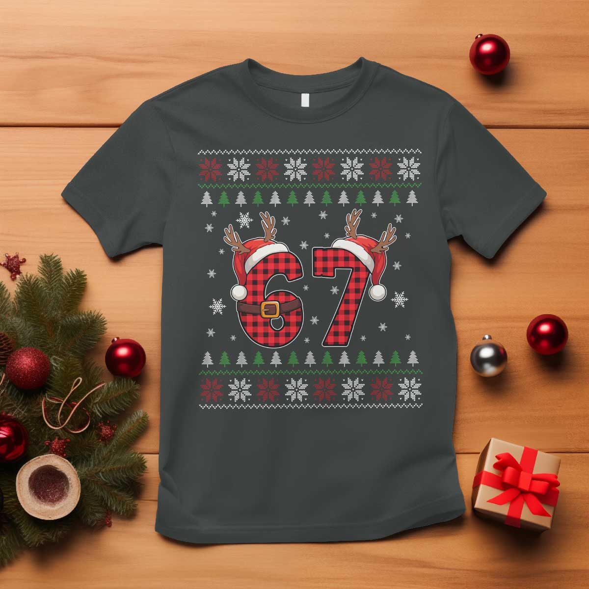 Funny 67 Six Seven Meme Brainrot Cringe Christmas Plaid Graphic T Shirt TS11 Dark Heather Print Your Wear