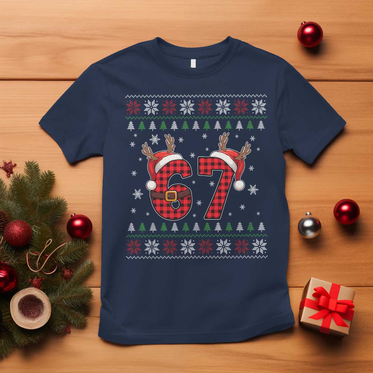 Funny 67 Six Seven Meme Brainrot Cringe Christmas Plaid Graphic T Shirt TS11 Navy Print Your Wear