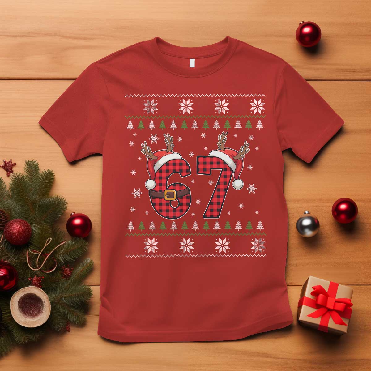 Funny 67 Six Seven Meme Brainrot Cringe Christmas Plaid Graphic T Shirt TS11 Red Print Your Wear