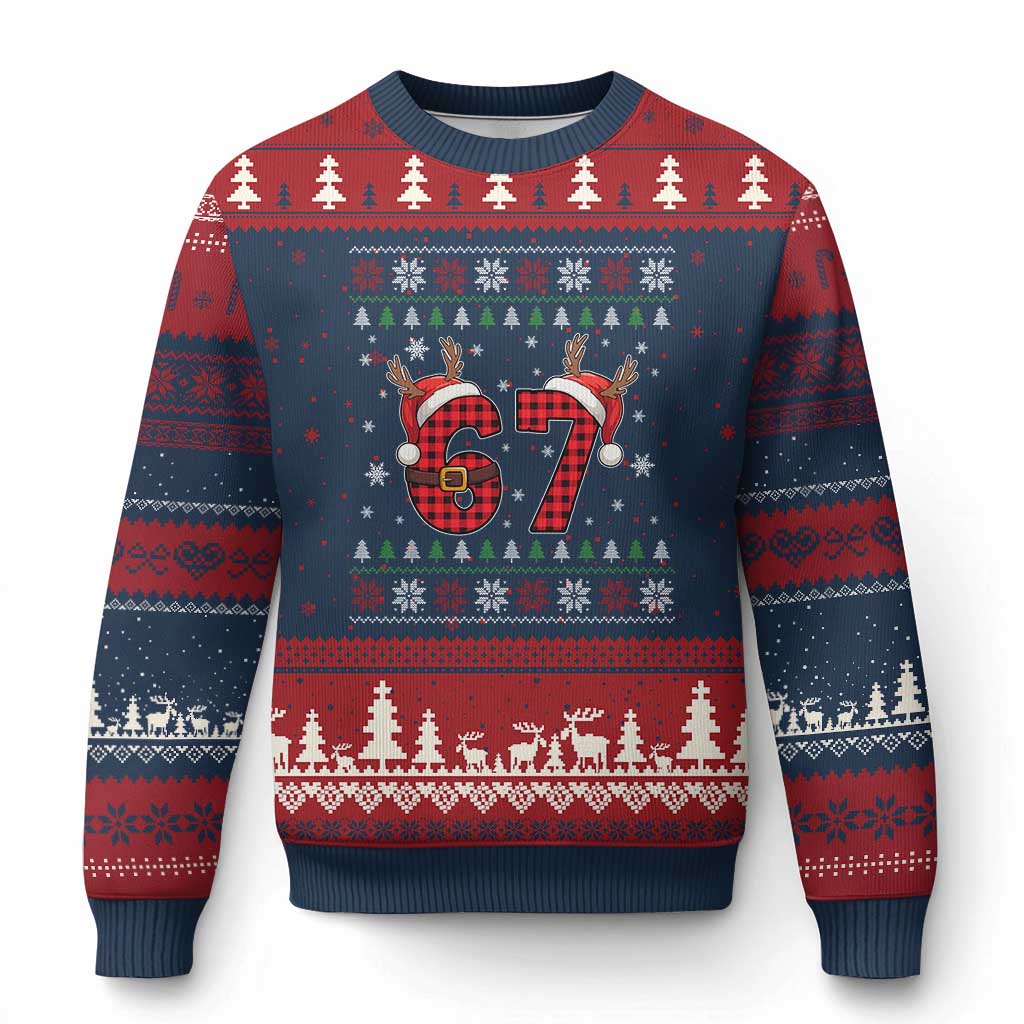Funny 67 Six Seven Meme Brainrot Cringe Xmas Plaid Graphic Ugly Christmas Sweater TS11 Navy Red Print Your Wear