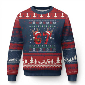 Funny 67 Six Seven Meme Brainrot Cringe Xmas Plaid Graphic Ugly Christmas Sweater TS11 Navy Red Print Your Wear