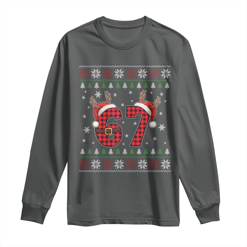Funny 67 Six Seven Meme Brainrot Cringe Christmas Plaid Graphic Long Sleeve Shirt TS11 Dark Heather Print Your Wear