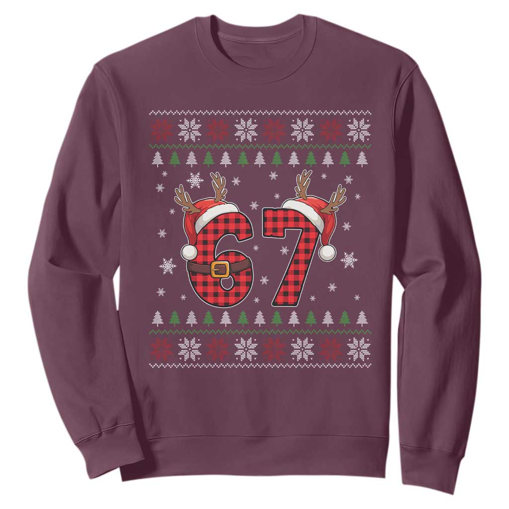 Funny 67 Six Seven Meme Brainrot Cringe Christmas Plaid Graphic Sweatshirt TS11 Maroon Print Your Wear
