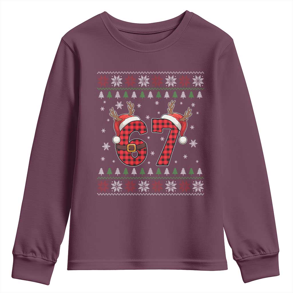 Funny 67 Six Seven Meme Brainrot Cringe Christmas Plaid Graphic Youth Sweatshirt TS11 Maroon Print Your Wear