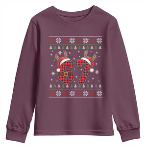 Funny 67 Six Seven Meme Brainrot Cringe Christmas Plaid Graphic Youth Sweatshirt TS11 Maroon Print Your Wear