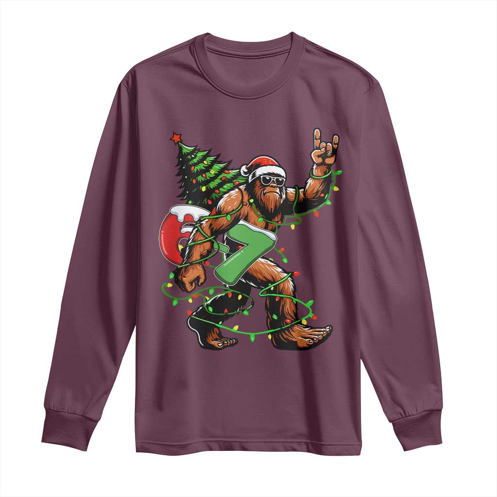 Funny Santa Bigfoot 67 Christmas Tree Xmas Lights Long Sleeve Shirt TS11 Maroon Print Your Wear