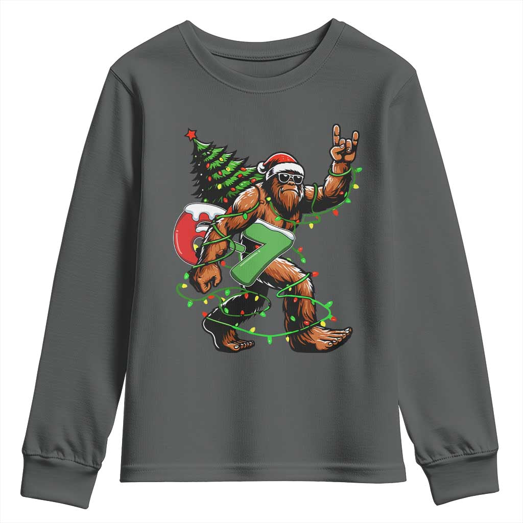 Funny Santa Bigfoot 67 Christmas Tree Xmas Lights Youth Sweatshirt TS11 Dark Heather Print Your Wear