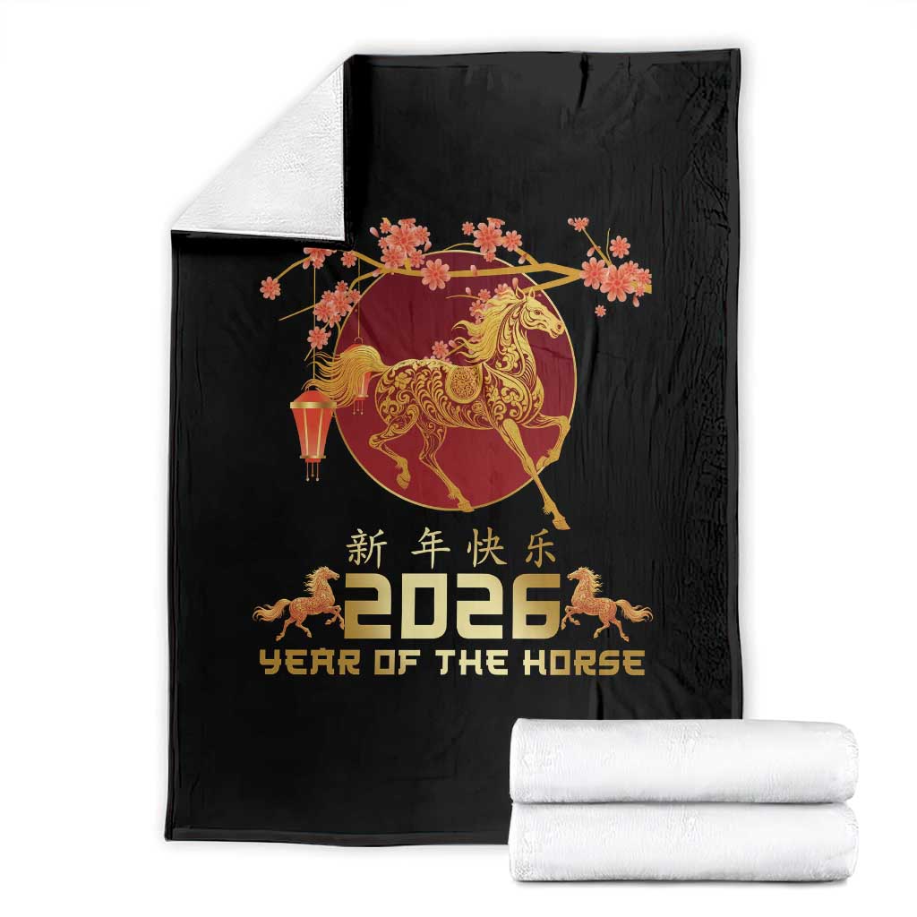 Chinese New Year 2026 Year of The Horse Throw Blanket Cherry Blossom TS11 Black Print Your Wear