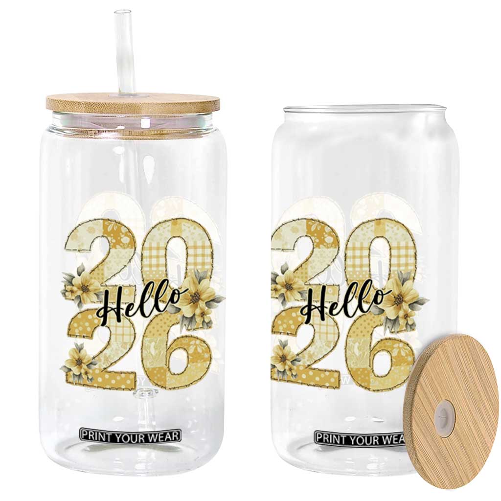 Hello New Year 2026 Vintage Floral Patchwork Quilt Glass Can TS11 Print Your Wear